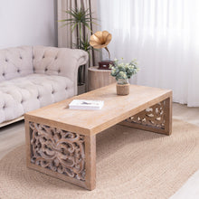 Load image into Gallery viewer, Rustic Carved Wood Coffee Table, Handcrafted Look With Ornate Side Panels
