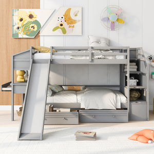 Twin over Twin Bunk Bed with Storage Staircase, Slide and Drawers, Desk with Drawers and Shelves, Gray