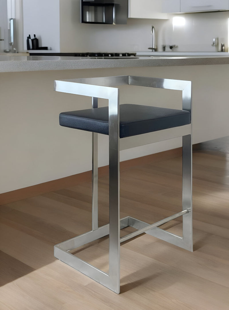 Faux Leather And Metal Low Back Counter Height Bar Chair - Black And Silver