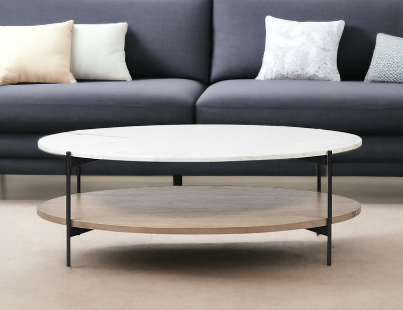 Oval Marble Top And Black Metal Base Coffee Table W Wood Shelf - White