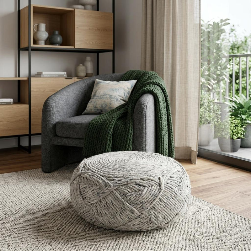 Fabric Geometric Round Pouf Ottoman - Beige / Gray