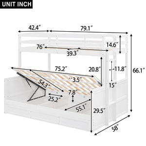 Wood Twin over Full Bunk Bed with Hydraulic Lift Up Storage, White