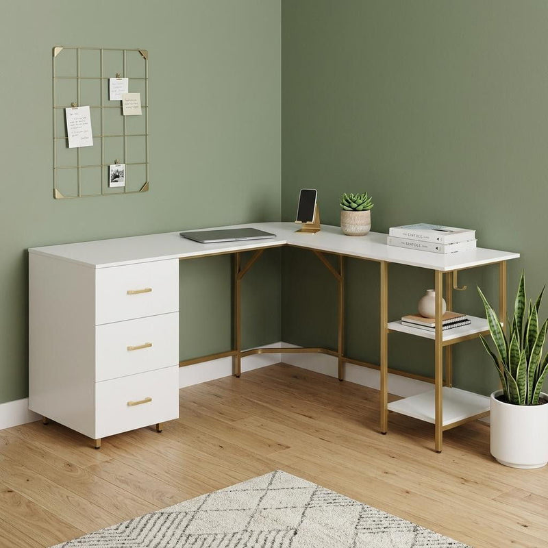 L Shape Computer Desk With Three Drawers - White / Gold