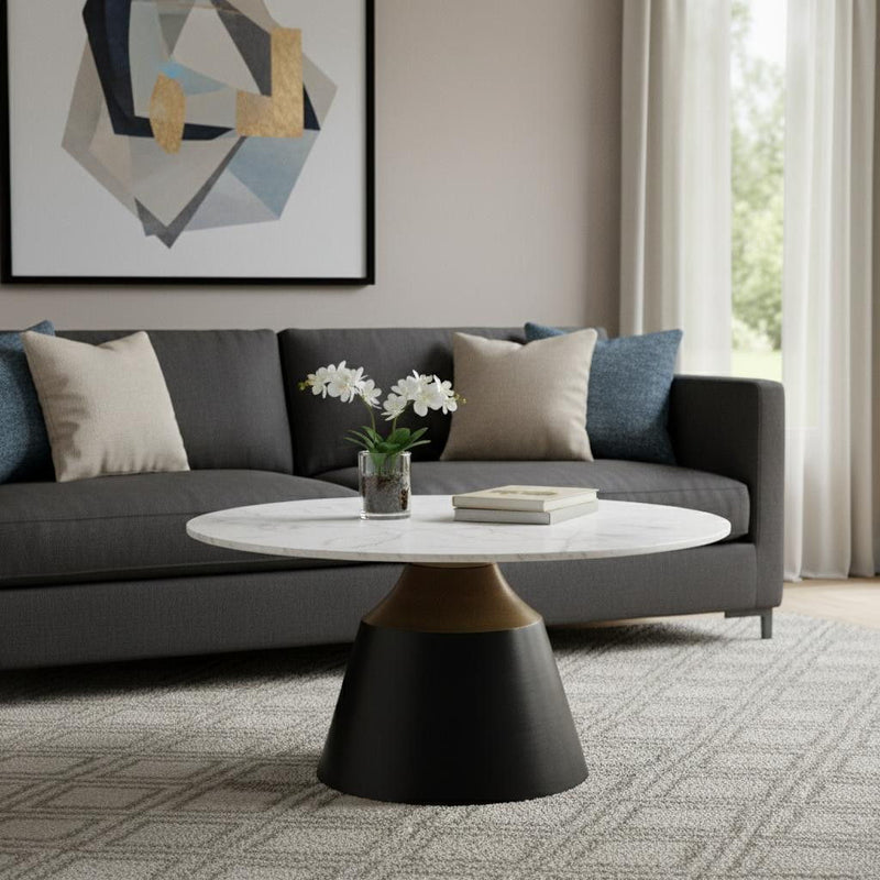 Faux Marble Steel Round Pedestal Coffee Table - White / Black