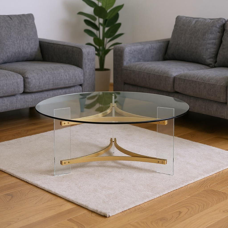 41" Clear And Glass Acrylic And Brass Round Coffee Table - Gold