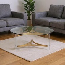 Load image into Gallery viewer, 41" Clear And Glass Acrylic And Brass Round Coffee Table - Gold
