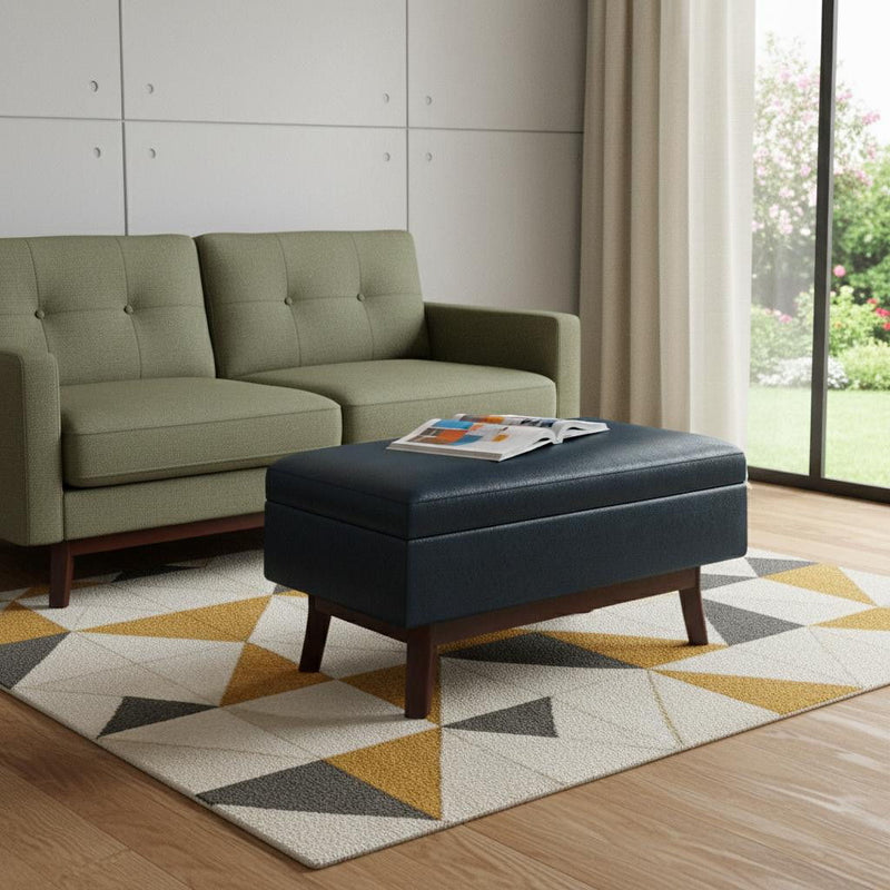 36" Leather Cocktail Ottoman With Storage - Blue / Brown
