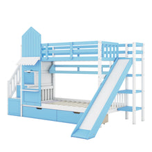 Load image into Gallery viewer, Twin-Over-Twin Castle Style Bunk Bed with 2 Drawers 3 Shelves and Slide - Blue
