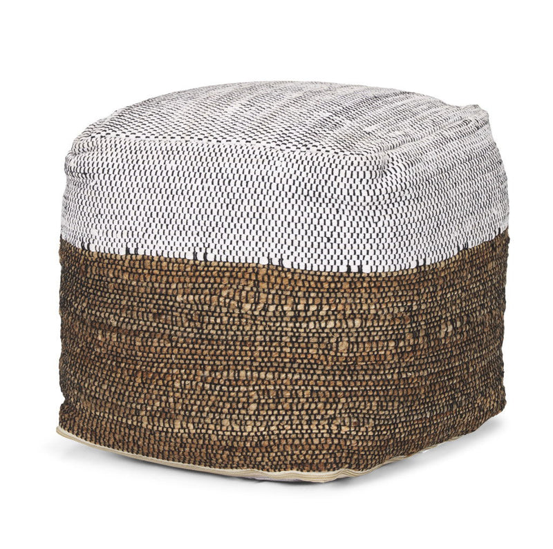 Cotton Jute Color Block Cube Pouf Ottoman - White / Black / Natural