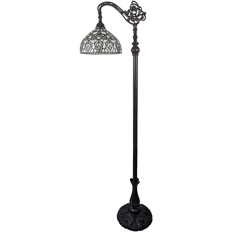 72" Traditional Shaped Floor Lamp With White Peacock Feather Stained Glass Dome Shade - Brown