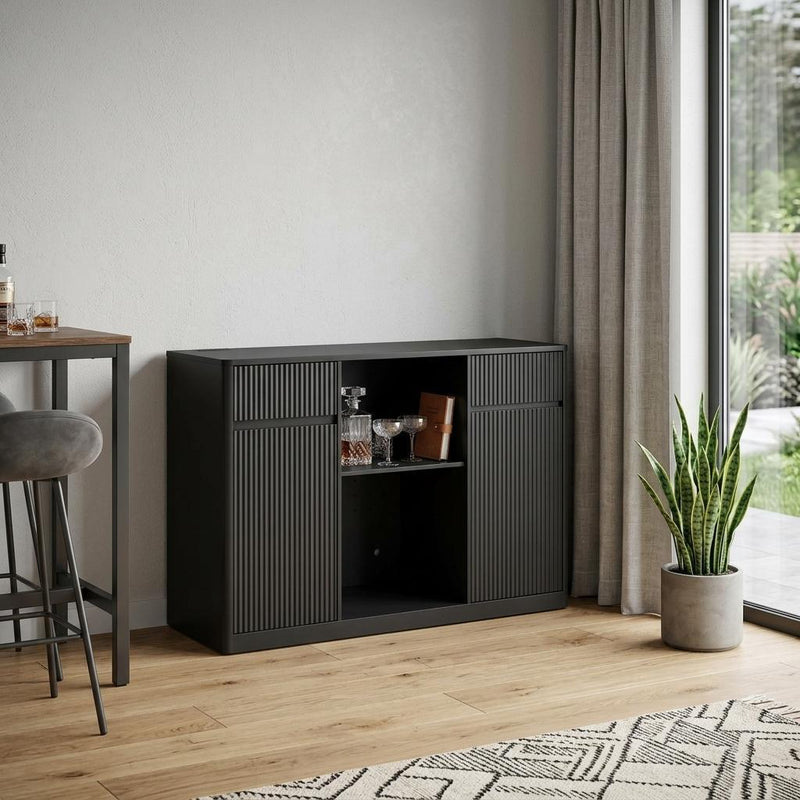 Wood Ribbed Textured Bar Cabinet With Mini Fridge Compartment And USB - Black