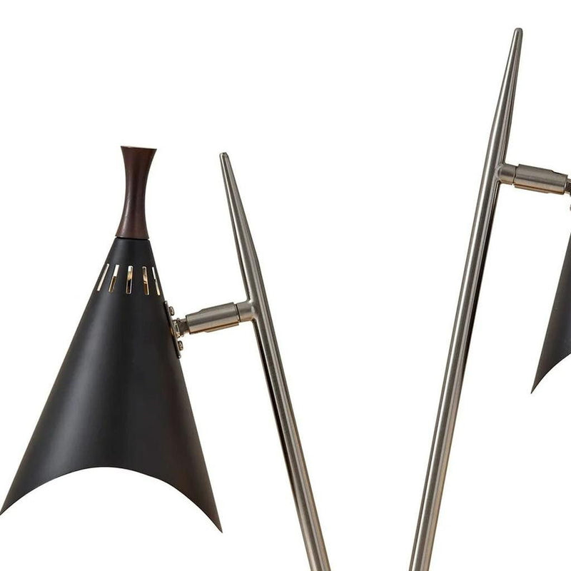 Metal Two Light Desk Lamp With Black Cone Shades - Black And Silver