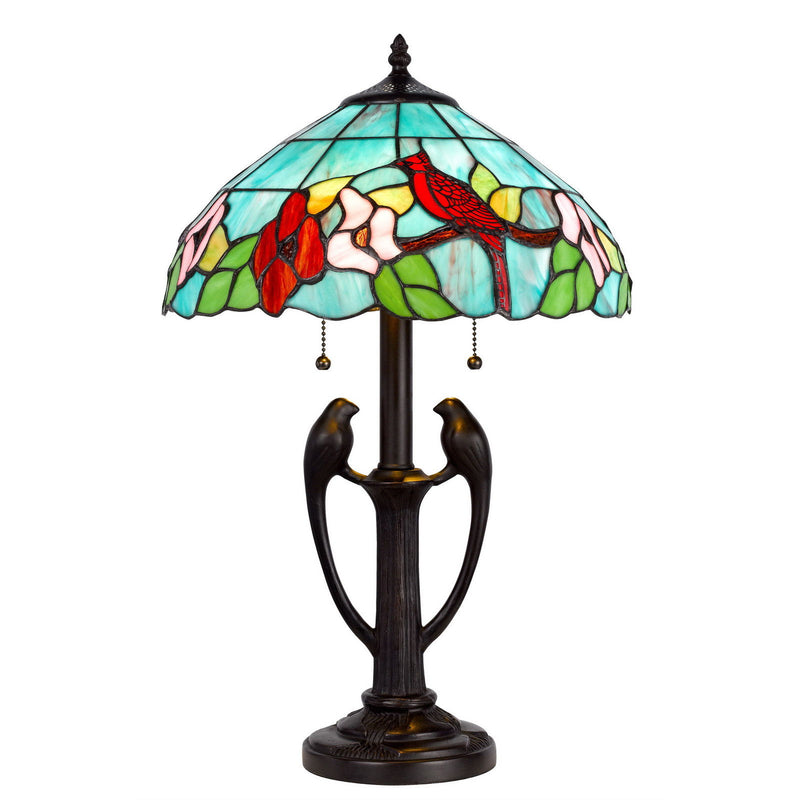 Two Light Tiffany Table Lamp With Aqua And Red Floral Shade - Bronze