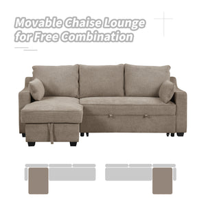 90" Pull Out Sleeper Sofa L-Shaped Couch Convertible Sofa Bed with Storage Chaise, Storage Racks and USB Ports, Light Brown