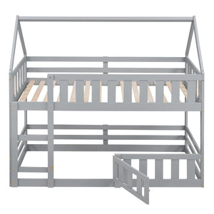 Twin over Twin House Bunk Bed with Fence and Door, Gray