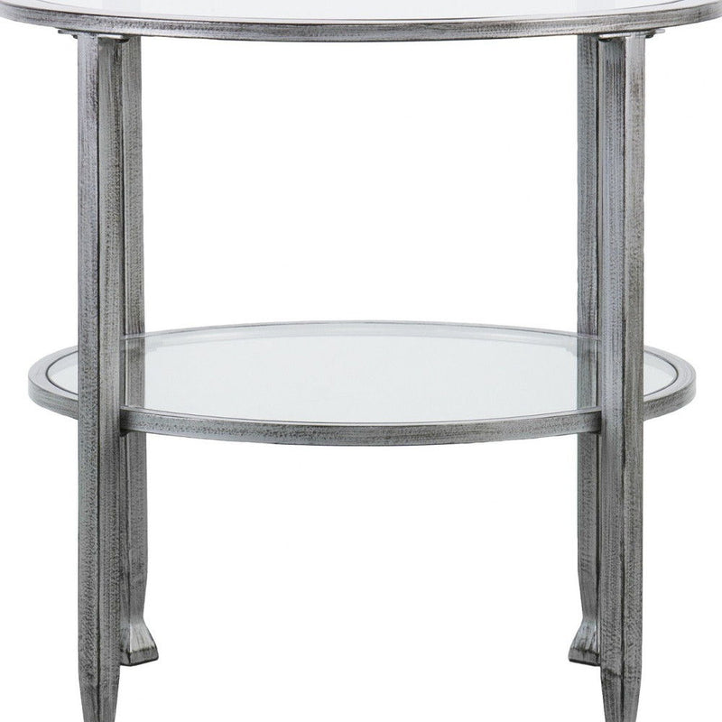 Glass Distressed Iron Round End Table With Shelf - Clear / Silver