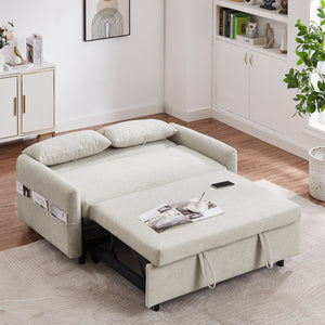 55.1" Pull Out Sleep Sofa Bed Loveseats Sofa Couch with Adjsutable Backrest, Storage Pockets, 2 Soft Pillows, USB Ports for Living Room, Bedroom, Apartment, Office, Beige (Old SKU WF307821AAA)