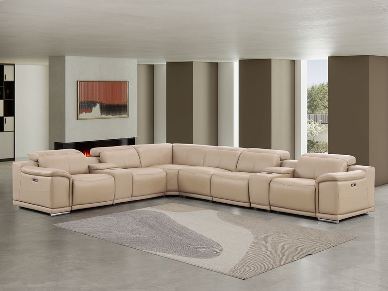 Leather Modular L-Shaped Eight Piece Corner Sectional With Console - Beige