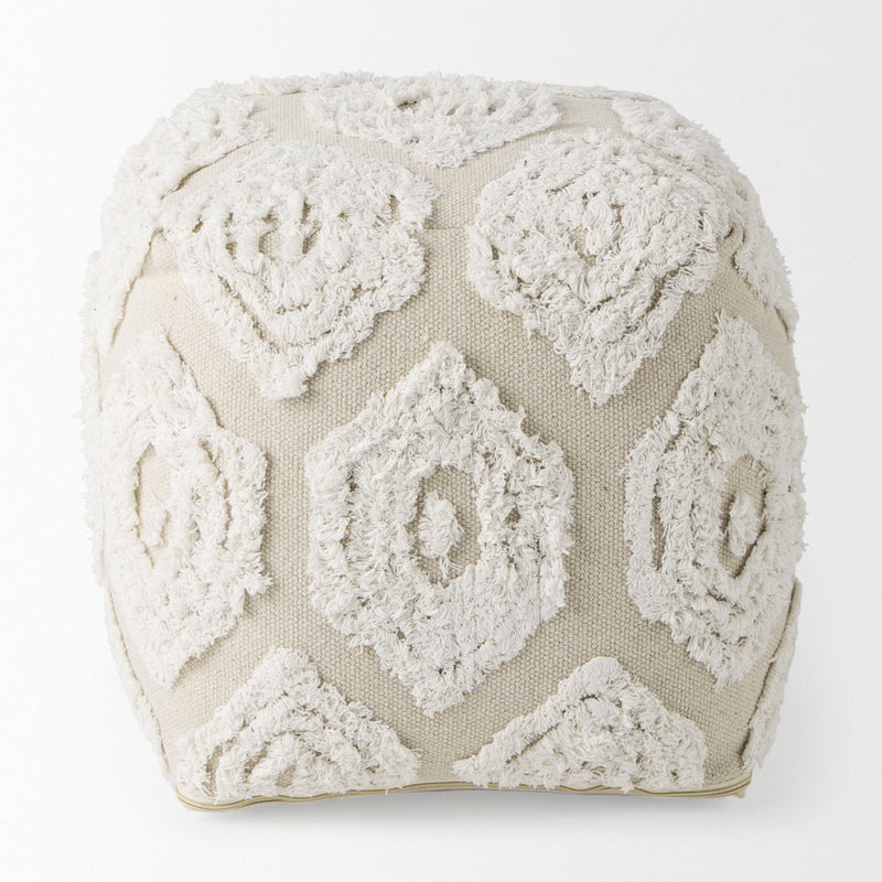 Fabric Geometric Round Pouf Ottoman - Cream / Beige