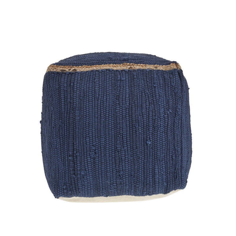 18" Indigo Cotton And Jute Cube Pouf Ottoman - Indigo And Natural