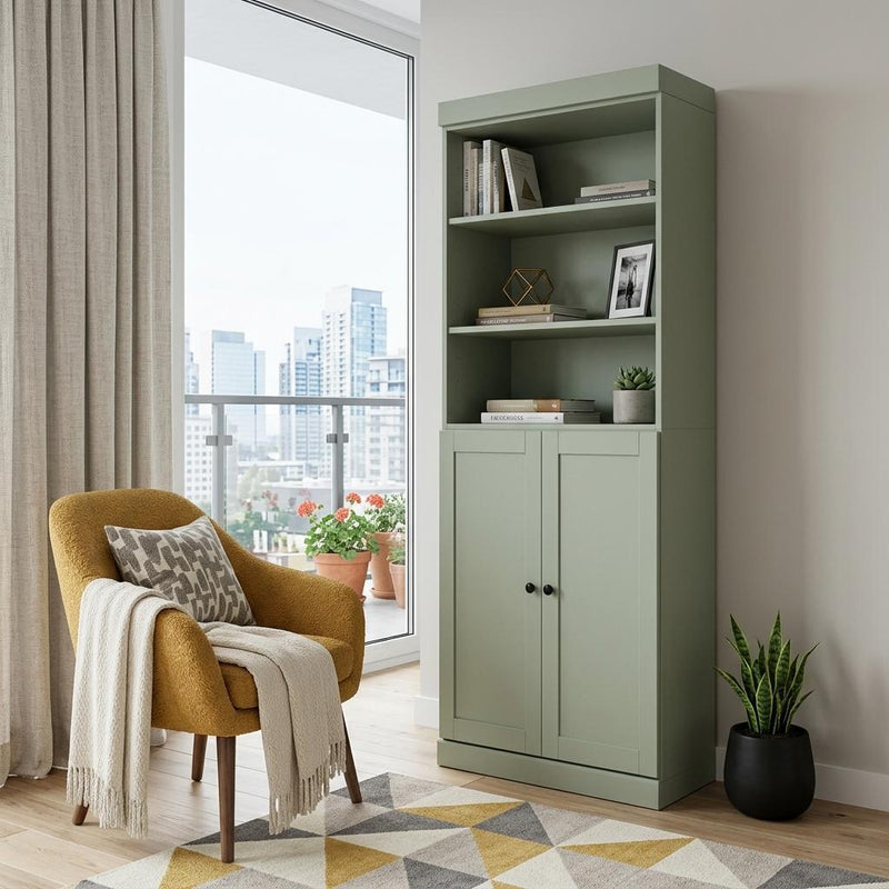 Solid Wood Adjustable Six Tier Library Bookcase With Two Doors (745626) - Sage