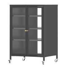 Load image into Gallery viewer, Media Storage Cabinet With Wheels, 4 Adjustable Glass Shelves &amp; Door, Heavy-Duty - Black
