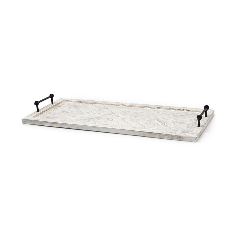 35" Wood Indoor Outdoor Tray With Handles - White / Natural