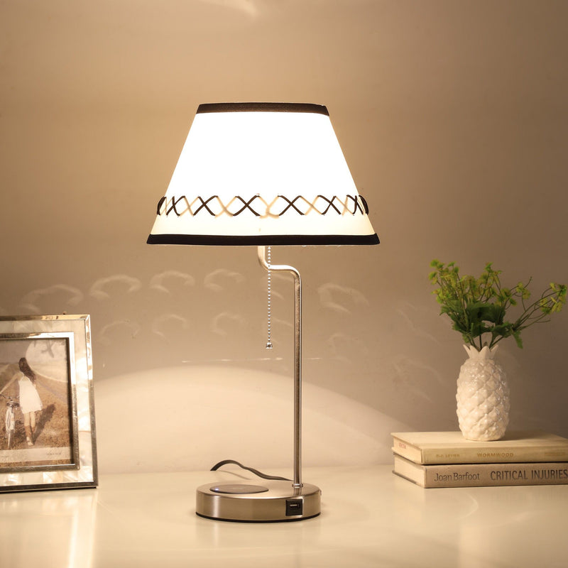Bedside Table Lamp With Off-White Empire Shade - Silver