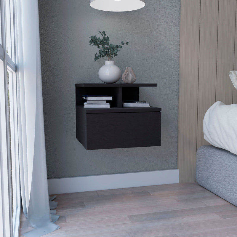 12" One Drawer Faux Wood Floating Nightstand - Black