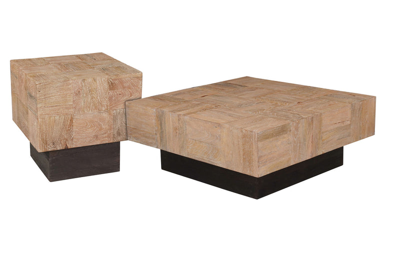 Solid Wood Square Block Coffee Table (Set of 2) - Natural / Dark Brown