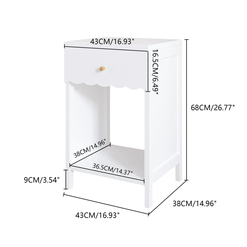 Nightstand With Drawer And Open Shelf, Scalloped Edge Bedside Table