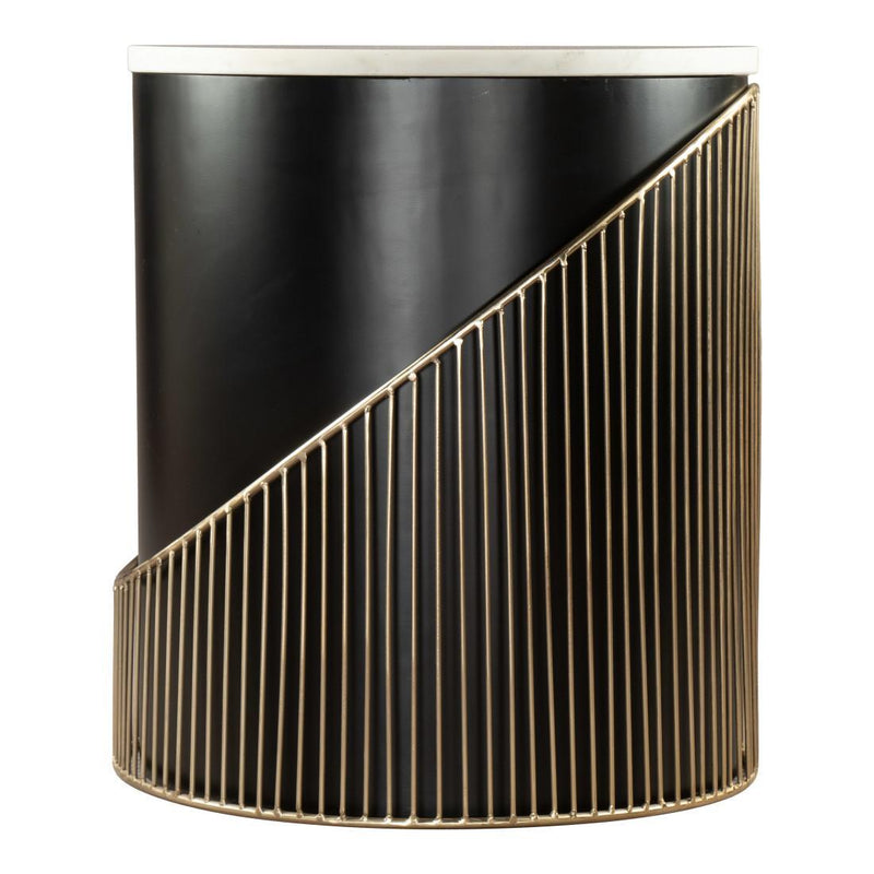 Marble Iron And Wood Round Drum End Table - White Black And Gold