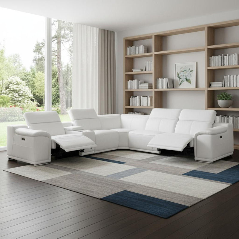 Italian Leather Power Reclining U Shaped Six Piece Corner Sectional With Console - White