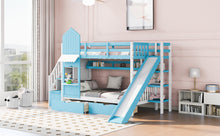 Load image into Gallery viewer, Twin-Over-Twin Castle Style Bunk Bed with 2 Drawers 3 Shelves and Slide - Blue
