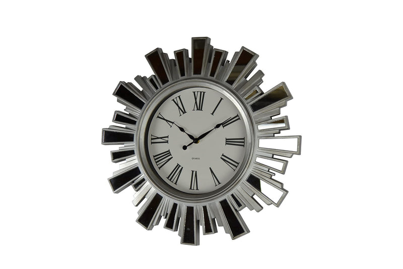 Mirrored Heavy Duty Plastic Silent Analog Sunburst Wall Clock - Silver / Silver / White