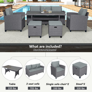 TOPMAX 6-Piece Outdoor Rattan Wicker Set Patio Garden Backyard Sofa, Chair, Stools and Table(Gray Rattan+Gray Cushion)