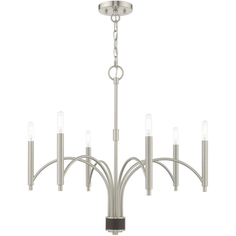 24" Six Light Dimmable Chandelier With Shades - Nickel / Pearl Silver