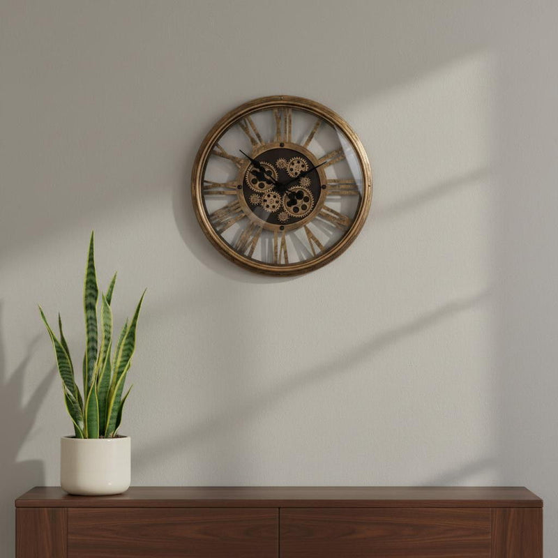 Silent Skeleton Exposed Gear Round Wall Clock (626340) - Antiqued Gold / Black