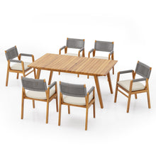 Load image into Gallery viewer, Outdoor 7 Pieces Patio Slat Design Acacia Upholstered Dining Set
