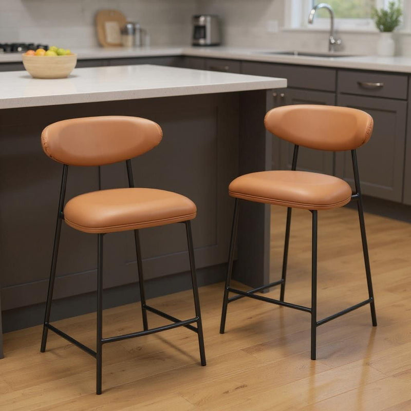 25" Faux Leather And Steel Low Back Counter Height Bar Chairs (Set of 2) - Brown / Black