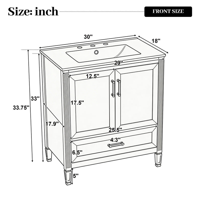 Elegant Fluted Bathroom Vanity With Sink, Soft Close Doors & Drawer