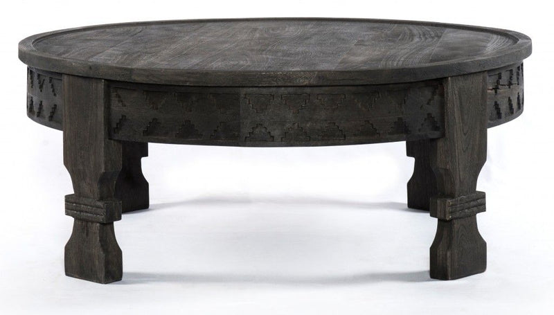 Carved Round Wooden Coffee Table - Black