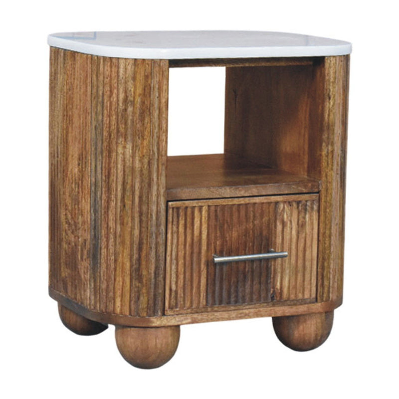Solid Wood And Marble One Drawer Nightstand - Brown