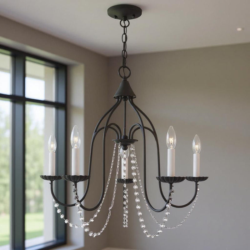23" Five Light Dimmable Chandelier With Shades - Black