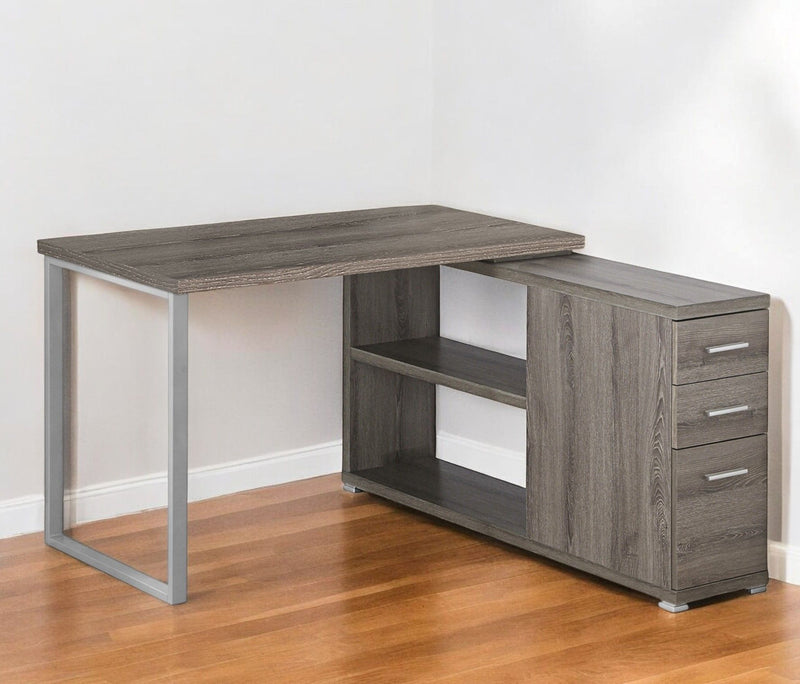 47" L Shape Computer Desk With Three Drawers - Taupe And Silver