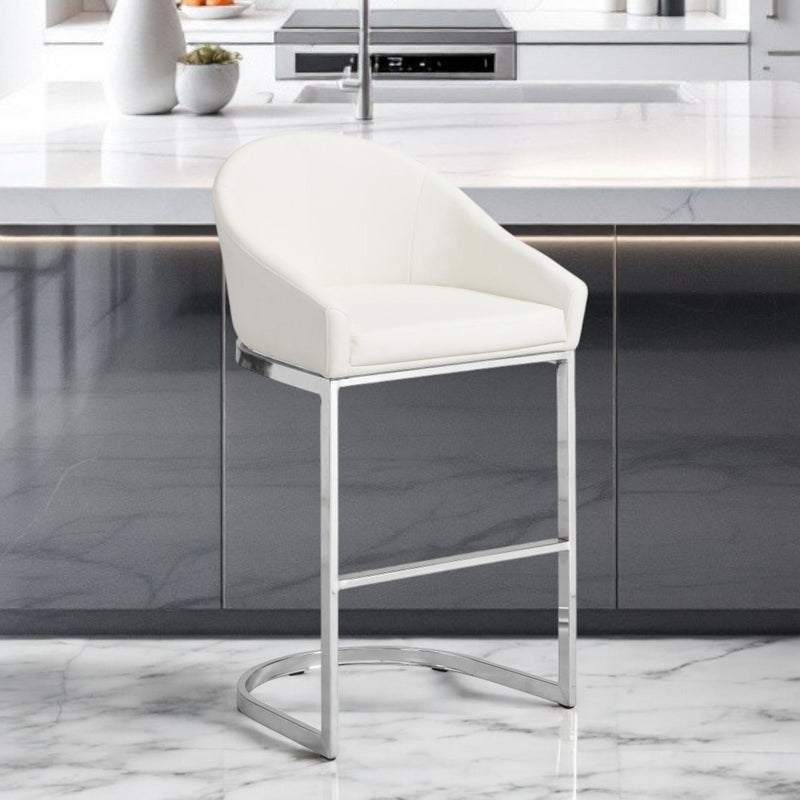 Faux Leather And Steel Low Back Bar Height Bar Chair - White And Silver