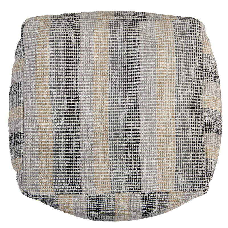 Cotton Blend Striped Cube Pouf Ottoman - Beige Black And Gray
