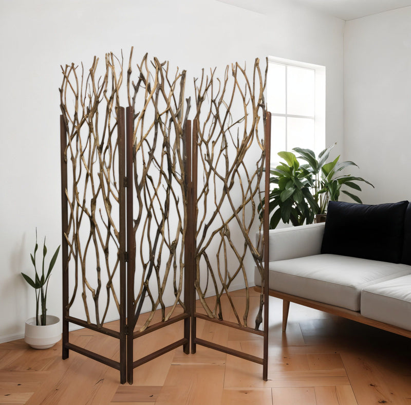 Wood Branches Folding Three Panel Screen Room Divider - Brown