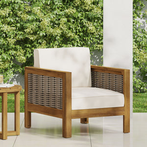 Outdoor Acacia Wood Club Chair with Wicker Accents, Teak Finish + Mixed Brown + Beige, 30.25"D x 27.5"W x 23.75"H