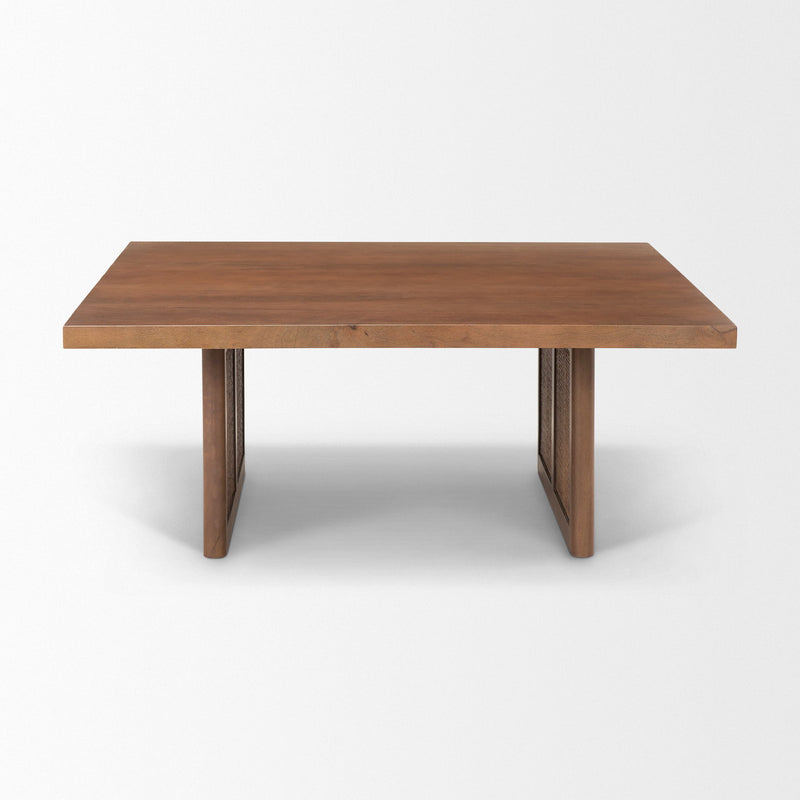 42" Solid Wood And Wicker Square Double Pedestal Coffee Table - Natural